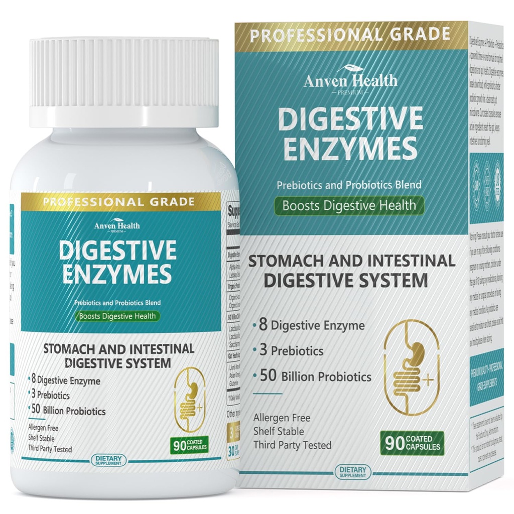 800mg Digestive Ένζυμα για άνδρες και γυναίκες με προβιοτικά & οργανικά προβιοτικά, 8 βασικά ένζυμα, πρωτεάση, αμυλάση και λιπάση για την αναρρόφηση, ανακούφιση αερίου, μη ΓΤΟ 90 κάψουλες
