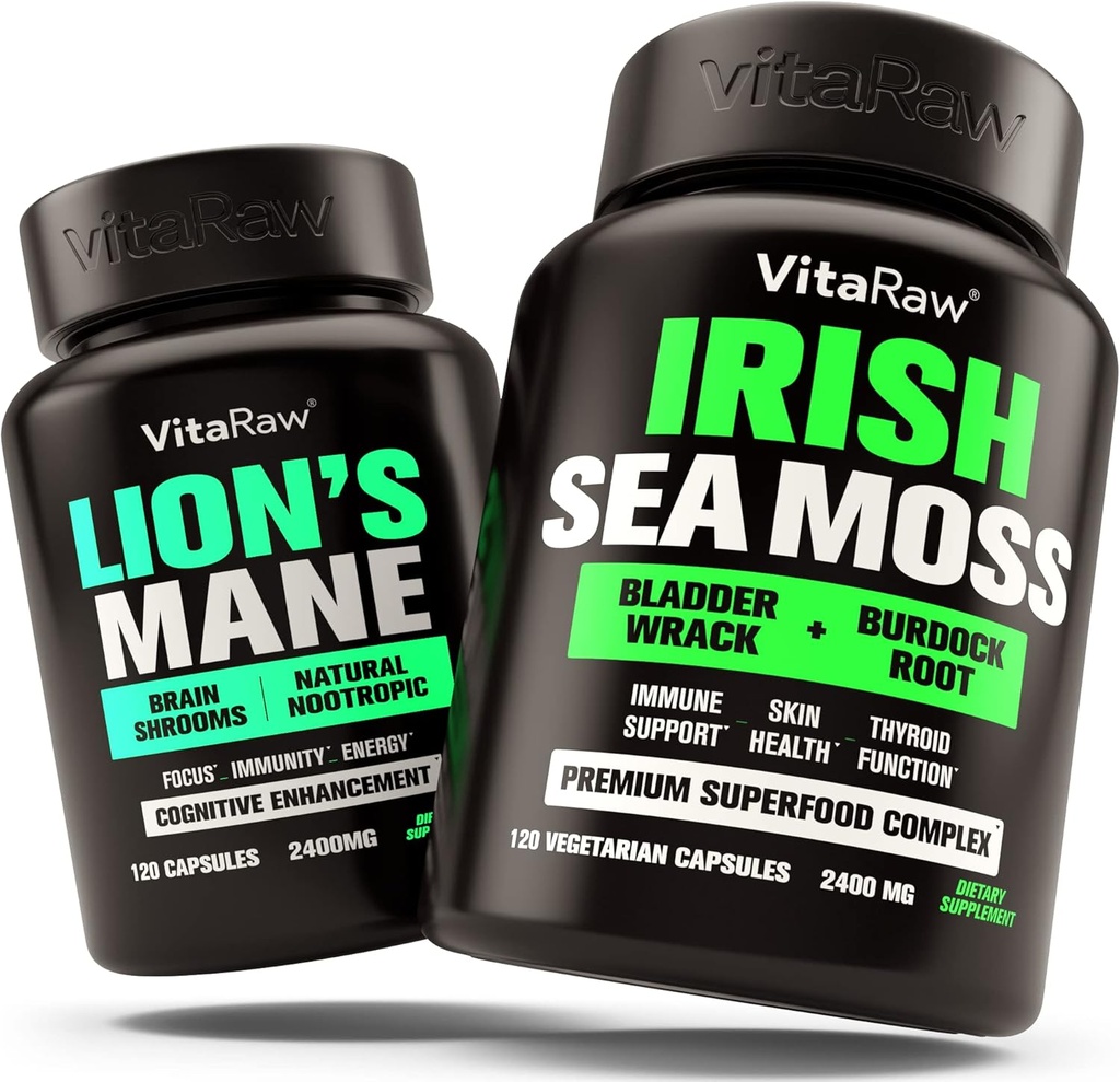 Lions Mane Mushroom + Ιρλανδική Θάλασσα Moss - Εγκεφαλικό Booster Μνήμη & Ενέργεια + Ανοσολογική Υποστήριξη, Κοινή & Θυρεοειδή και Gut Υγεία