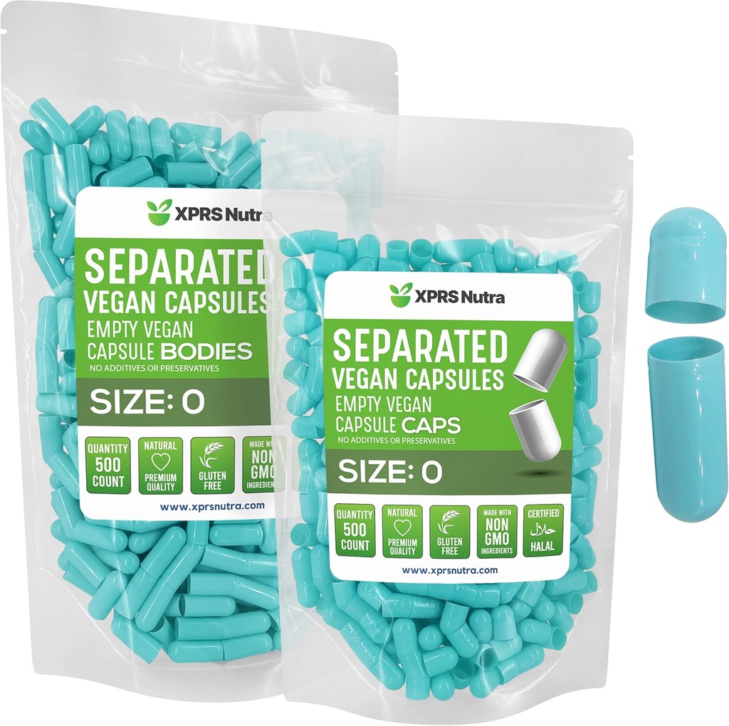 XPRS Nutra Vegan Μέγεθος 0 Χωριστές κάψουλες - 500 Count Premium Άδειες κάψουλες χωρίζονται σε τσάντες - Χάπια 0 Κενό για συμπλήρωμα DIY πλήρωσης (Aqua)