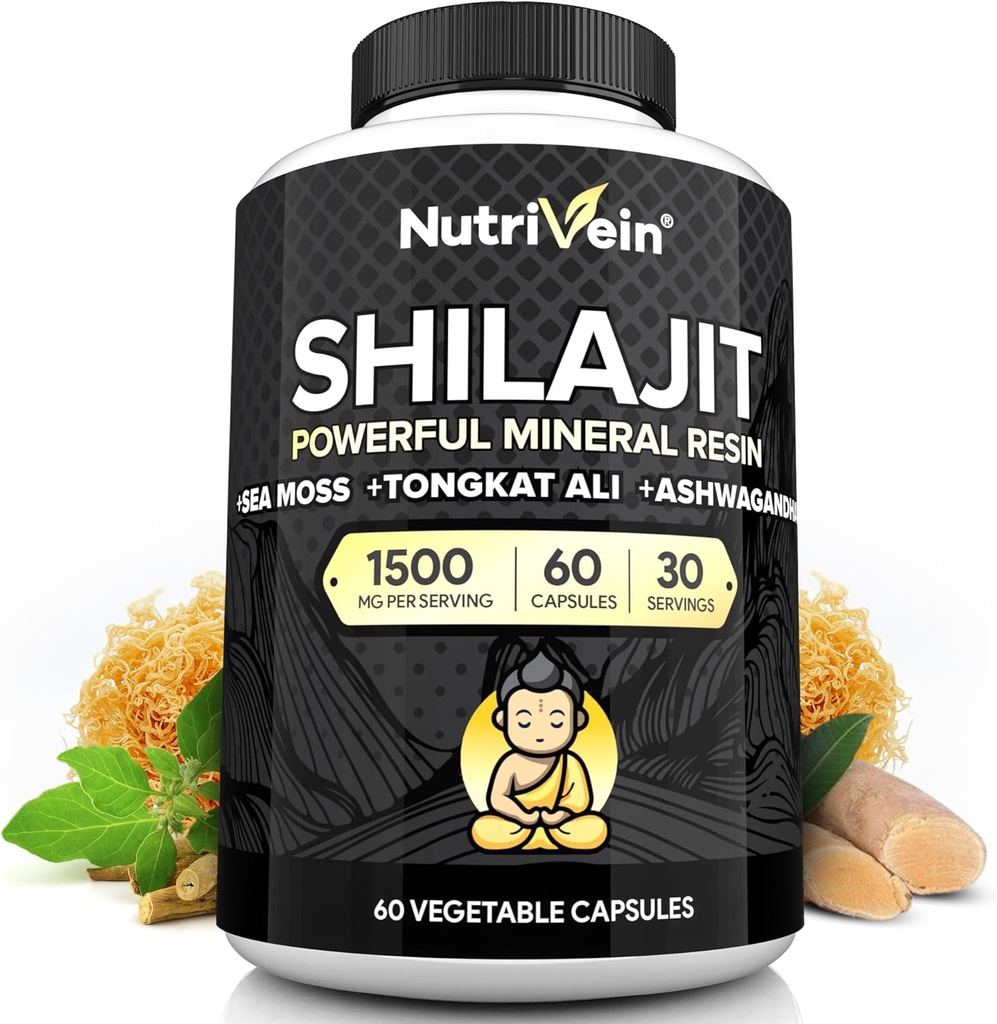 Nutrivein Premium Pure Himalayan Shilajit για άνδρες και γυναίκες - 1500 mg - 60 κάψουλες- ισχυρό εκχύλισμα Resσίνης αναμειγνύεται με Ιρλανδική θάλασσα Moss, Tongkat Ali, & Ashwagandha - Ζωτικότητα, σαφήνεια, & Απόδοση