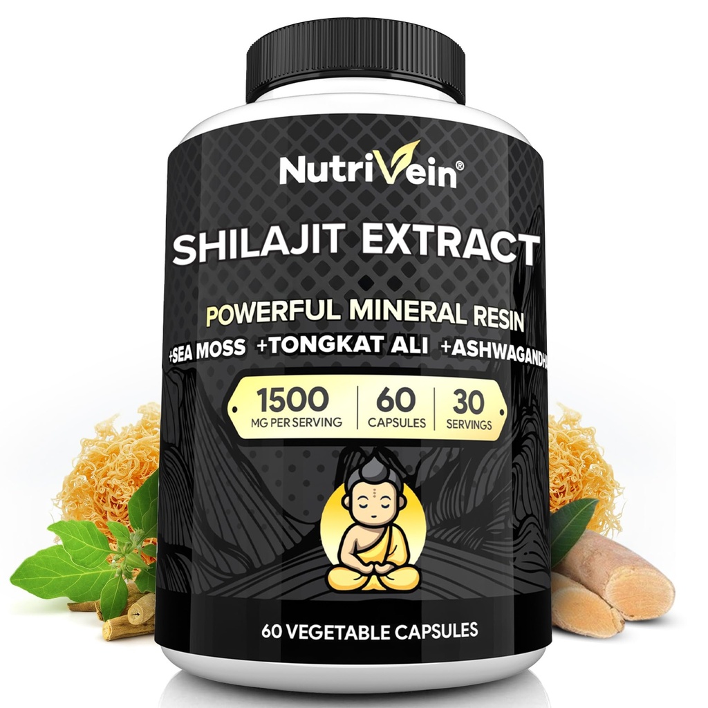 Nutrivein Premium Shilajit – Himalayan Origin for Men & Women - 1500 mg - 60 Capsules - Powerful Extract Blended with Irish Sea Moss, Tongkat Ali, Ashwagandha - Vitality, Clarity, Performance