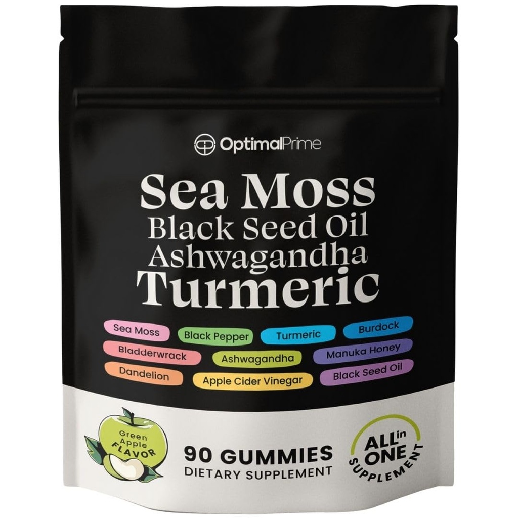 Optimal Prime Sea Moss and Black Seed Oil Gummies, Ashwagandha, Turmeric, Manuka Honey, ACV, Dandelion, Black Pepper, Burdock, Bladderwrack, Vegan, 90 Gummies 45 Ημέρα προσφοράς
