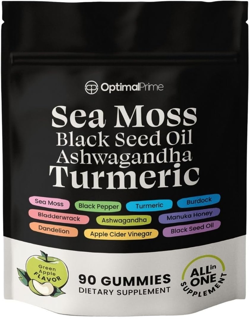 Optimal Prime Sea Moss and Black Seed Oil Gummies, Ashwagandha, Turmeric, Manuka Honey, ACV, Dandelion, Black Pepper, Burdock, Bladderwrack, Vegan, 90 Gummies 45 Ημέρα προσφοράς