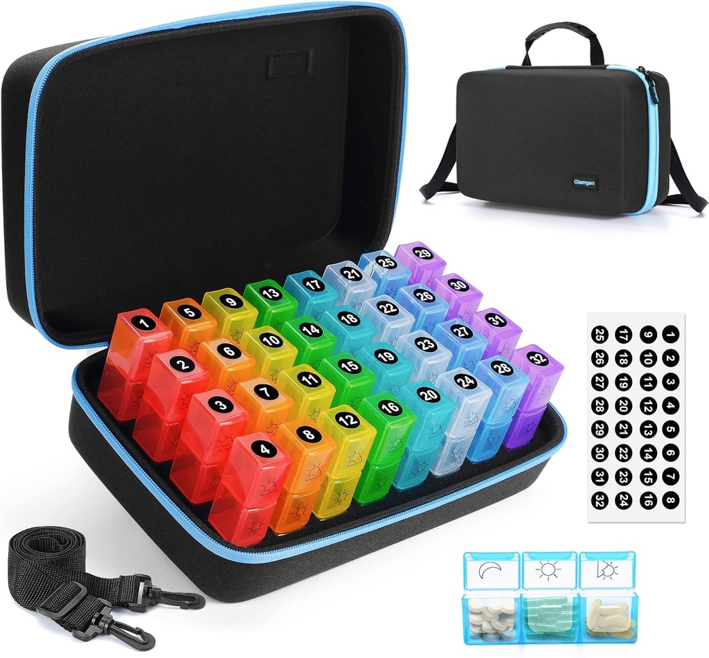 Monthly Pill Organizer 3X a Day,Monthly Pill Organizer 3 Times a Day,Medicine Pill Boxes with 30 Daily Compartments 32 Day Pill Holder with Hard Travel Case for Vitamin,Supplement and Medication