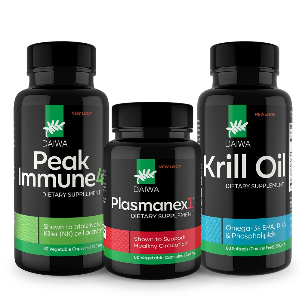 Daiwa Peak Immune 4 - Φυσικό ανοσοποιητικό σύστημα Booster + Plasmanex 1 – Συμπλήρωμα κυκλοφορίας αίματος + λάδι κριλ – Καψάκια Omega 3 Krll Oil