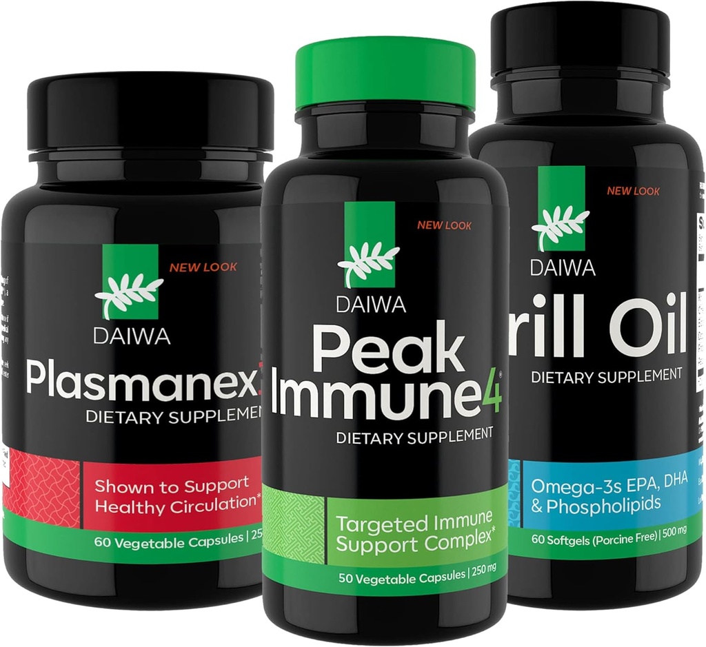 Daiwa Peak Immune 4 - Φυσικό ανοσοποιητικό σύστημα Booster + Plasmanex 1 – Συμπλήρωμα κυκλοφορίας αίματος + λάδι κριλ – Καψάκια Omega 3 Krll Oil