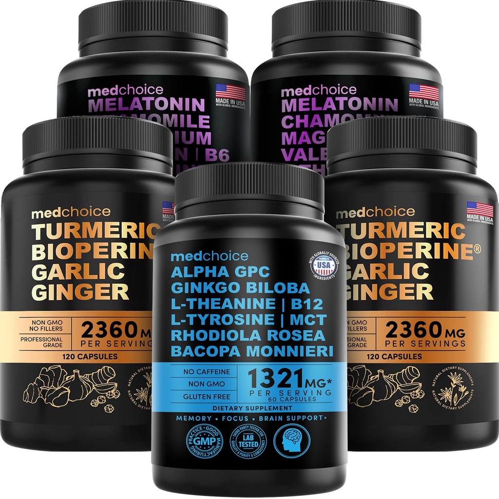 MEDCHOICE Turmeric & Ginger (240ct), Sleep Melatonin (180ct), και Nootropic Brain (60ct) Συμπλήρωμα Bundle - Wellness Trio για τον εγκέφαλο, τον ύπνο, & ανοσοποιητική υποστήριξη - Vegan, μη-GMO, Gluten-free