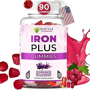 Κατασκευασμένο στις ΗΠΑ 90 Iron Gummies για γυναίκες Αναιμία - Vegan, Gluten Free & Immune support Iron Supplement Gummies (Grape) - Μασώμενα Iron Gummies για άνδρες - Παιδικά σιδερένια Gummies για παιδιά με βιταμίνη C, A & ψευδάργυρος