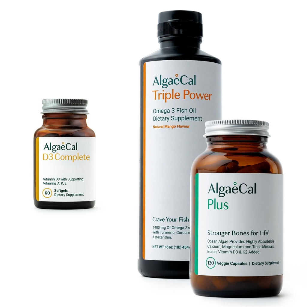 ALGAECAL Bundle - Βιταμίνη D3 Complete (1000 IU) + Βιταμίνες K2, E & A & Φυτοβασισμένο ασβέστιο για ισχυρότερα οστά & ιχθυέλαιο Omega 3 1200mg EPA DHA