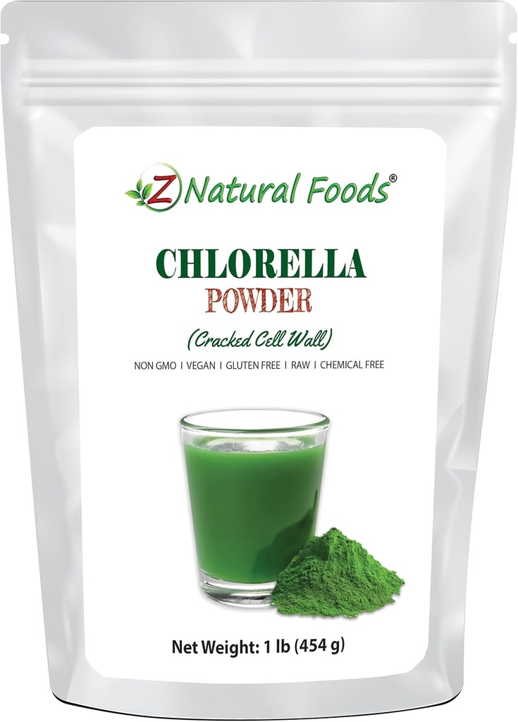 Z Natural Foods Chlorella Powder, Cracked Cell Wall Plant Protein, Blue Green Algae Superfood Powder, Perfect for Smoothies, Drinks, Recipes, Raw, Non GMO, Gluten Free, Vegan, 1 lb