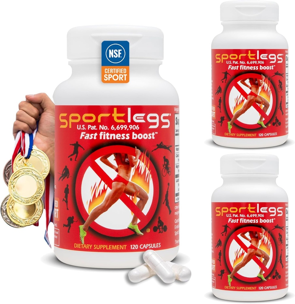 SPORTLEGS Fast Fitness Boost Προ προπόνηση για άνδρες και γυναίκες, συμπλήρωμα γαλακτικού οξέος, αθλητικά καύσιμα αντοχής, συμπληρώματα αντοχής για δρομείς - NSF Certified for Sport, 120-Capsule μπουκάλι, πακέτο των 3