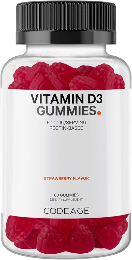 Codeage Βιταμίνη D3 Gummy Βιταμίνες, Βιταμίνη D3 5000 IU Gummies Cholecalciferol 125 mcg - 2-Month Supply - Μαλακή Πηκτίνη με βάση, Ζωική Ζελατίνη-ελεύθερο Βιταμίνη Gummy, Φράουλα, Χωρίς Γλουτένη - 60 Gummies
