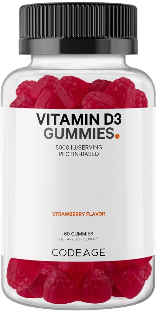 Codeage Βιταμίνη D3 Gummy Βιταμίνες, Βιταμίνη D3 5000 IU Gummies Cholecalciferol 125 mcg - 2-Month Supply - Μαλακή Πηκτίνη με βάση, Ζωική Ζελατίνη-ελεύθερο Βιταμίνη Gummy, Φράουλα, Χωρίς Γλουτένη - 60 Gummies