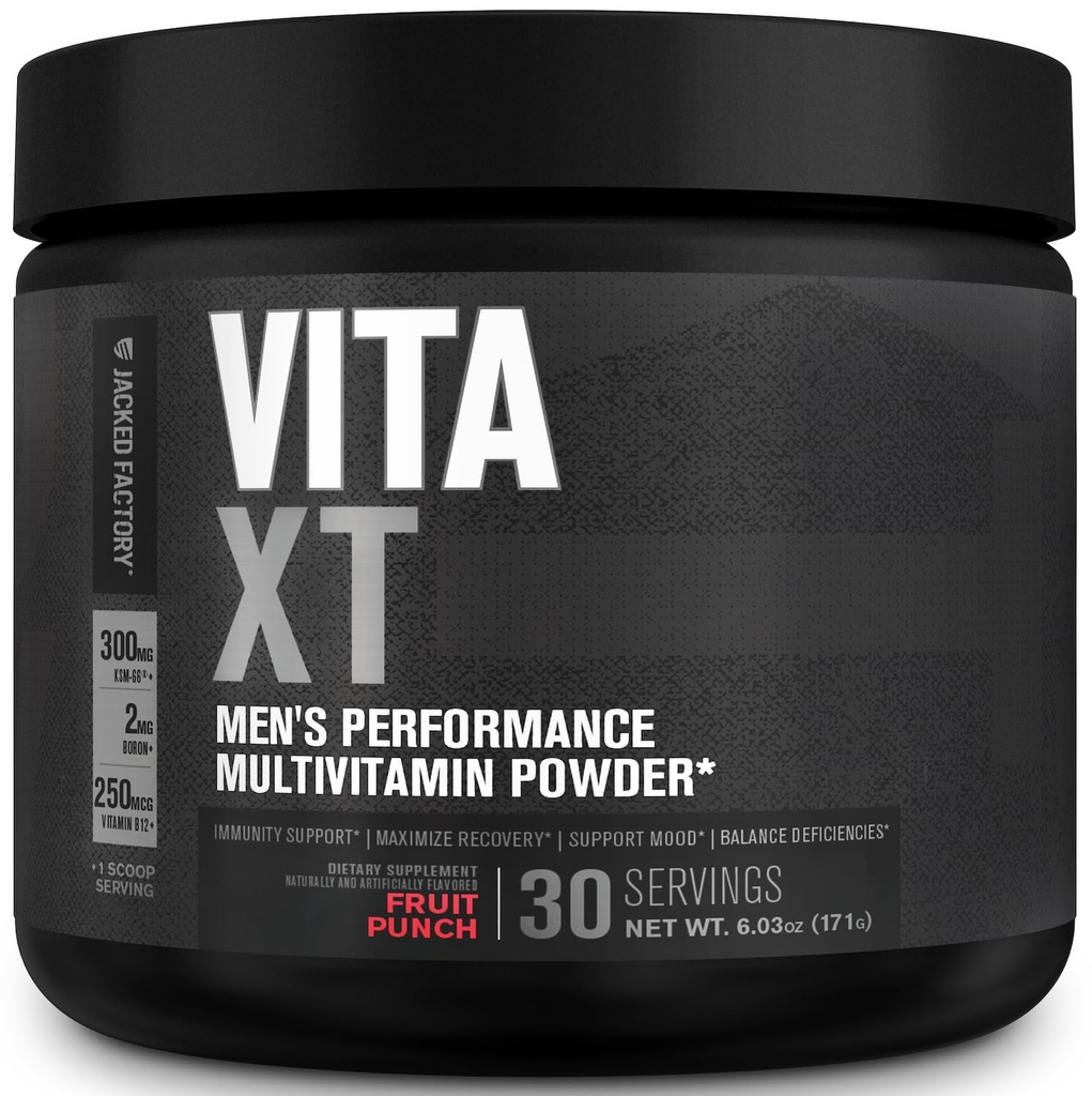 Jacked Factory Vita XT Performance Vitamin Powder - Daily Multivitamin Powder for Men with KSM-66 Ashwagandha, Prebiotic Fiber, Vitamin A, C, D, K, B6, B12, & More - Fruit Punch, 30Sv