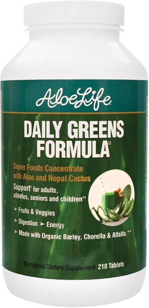 Aloe Life - Daily Greens Tablets, Certified Organic Health Supplement, Antioxidants, 21 Fruits, Veggies, & Herbs Συμπεριλαμβάνονται Aloe & Nopal Cactus, Low-Calory, Keto-Friendly, Gluten-free (210 Tablets)