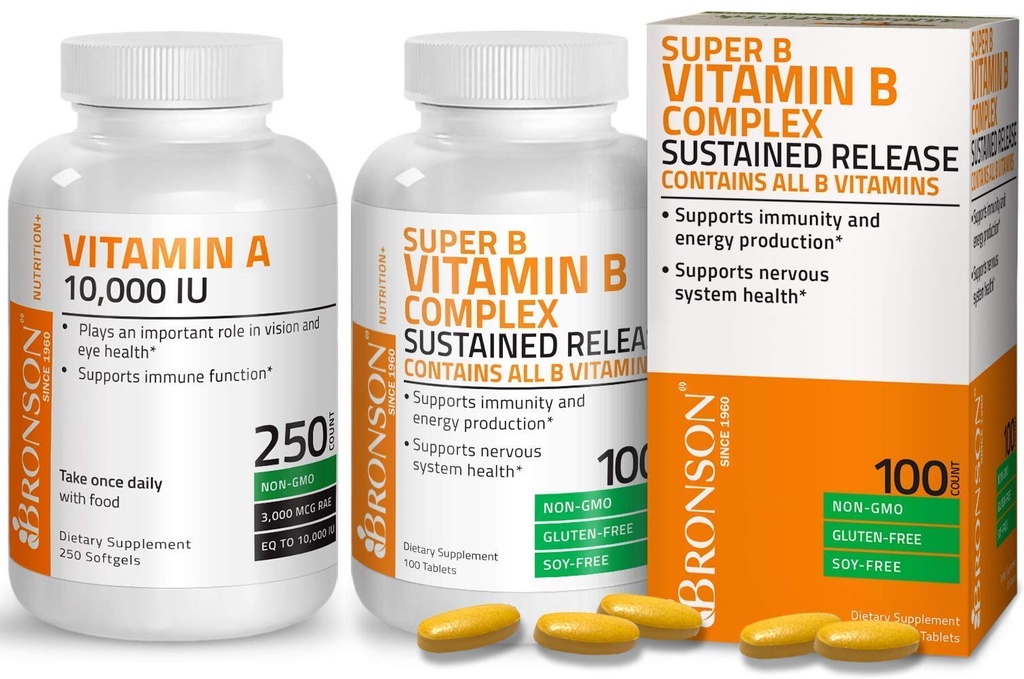 Bronson Super B Vitamin B Complex Παρατεταμένη αργή απελευθέρωση + Βιταμίνη A 10.000 IU Premium Μη ΓΤΟ Formula