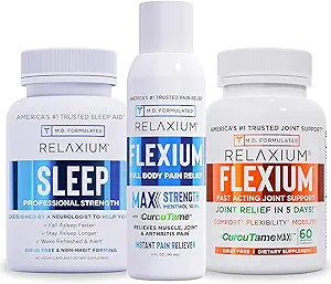 Relaxium Sleep Aid 60 Capsule + Flexium Fast Acting Joint Support 60 Capsule + Flexium Instant Spray for Pain, Max Strength with 10.5% Menthol & CurcuTame 90 ml (Family Pack Sleep & Joint Bundle)