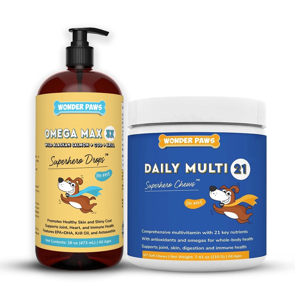 WARDER PAWS Omega Max Fish Oil Plus Daily Multivitamin Chews - για την κοινή υγεία των σκύλων, την υγρασία του δέρματος, την υποστήριξη του ανοσοποιητικού συστήματος & την καθημερινή ευεξία - Omega Max 16 ουγγιά - πολυβιταμίνη 60 μάσημα