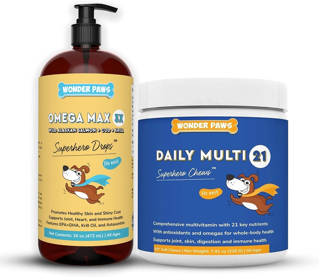 WONDER PAWS Omega Max Fish Oil Plus Daily Multivitamin Chews - for Dog Joint Health, Skin Moisture, Immune System Support & Daily Wellness - Omega Max 16 Ounces - Multivitamin 60 Chews