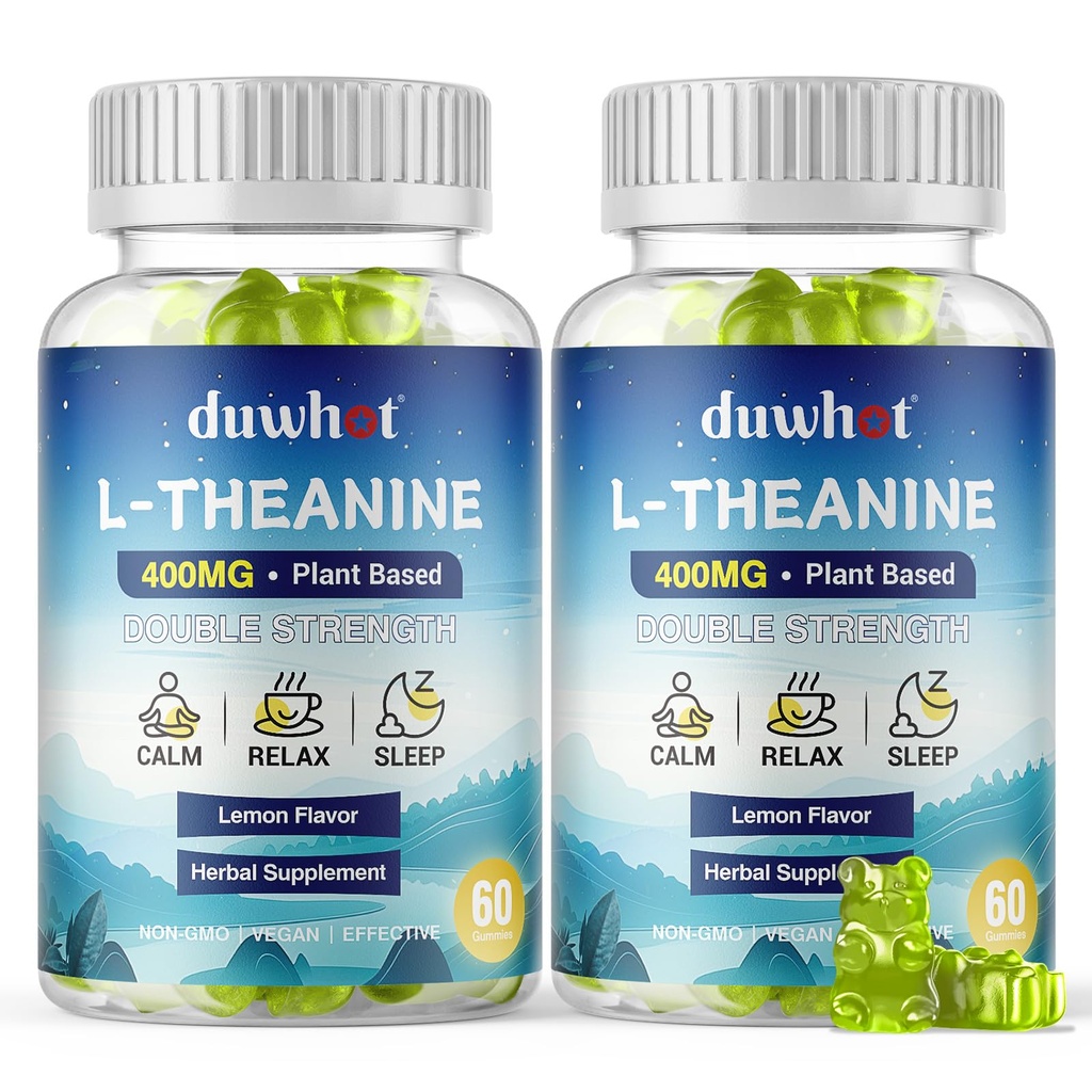 duwhot L Theanine Gummies, 200/400mg L-Theanine Supplement for Adults & Kids, Natural Stress Relief, Relaxation, Zzz & Focus Support Gummy,Organc,Vegan, Low Sugar,Non-Drowsy,Lemon Flavor,120 Chewables
