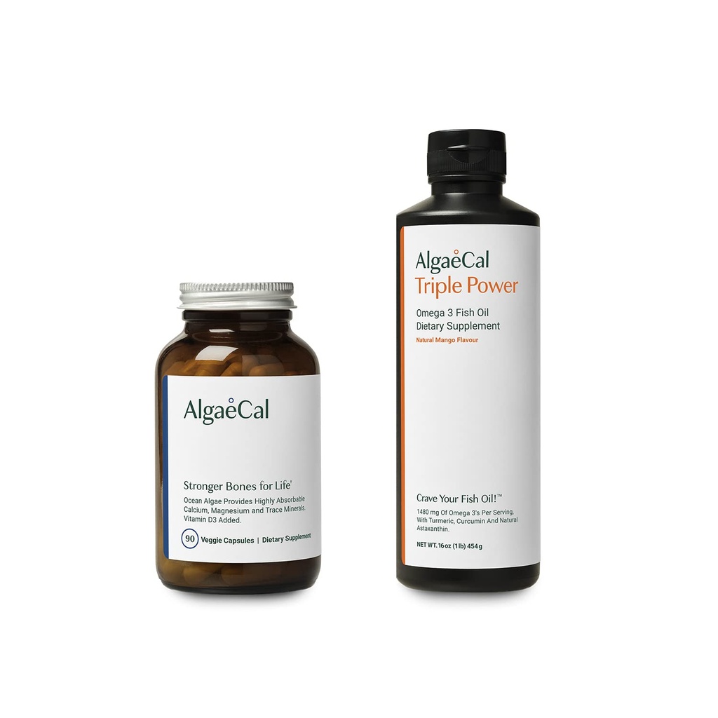 AlgaeCal Bundle - Plant Based Calcium Supplement with Vitamin D3 for Bone Health & Strength & Triple Power Omega-3 Fish Oil Φυσικό Υγρό Γαλάκτωμα με EPA & DHA, Κουρκουμίνη, Ασταξανθίνη