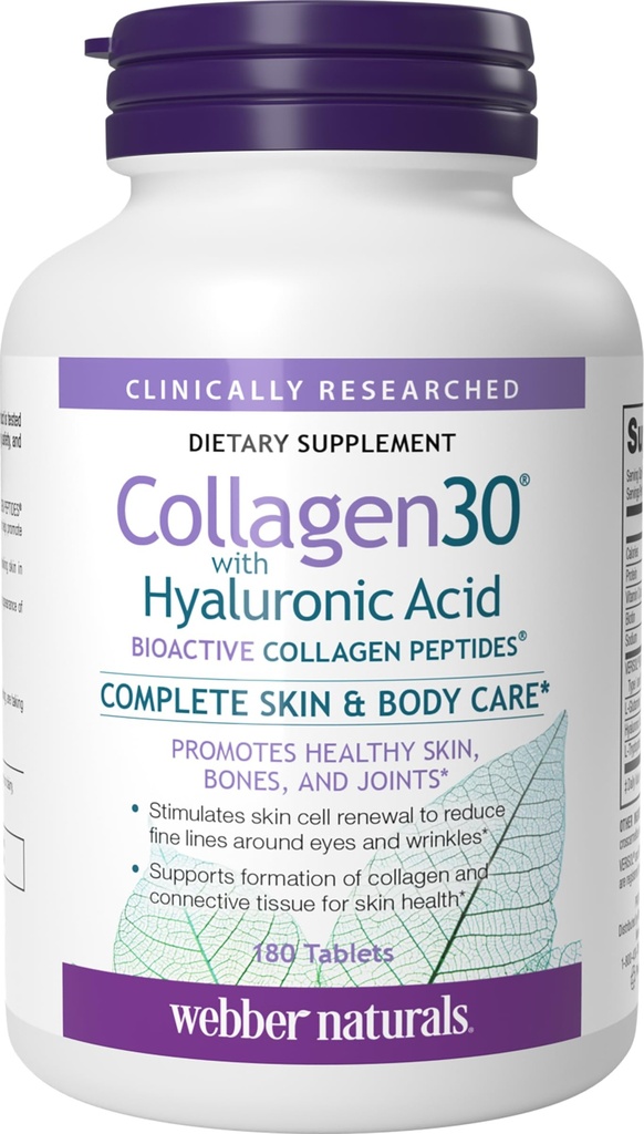 Webber Naturals Collagen30 με Υαλουρονικό οξύ, Βιοενεργό κολλαγόνο Πεπτίδια, 180 δισκία, βοηθά στη μείωση των ρυτίδων ματιών και λεπτή γραμμή προσώπου, μη ΓΤΟ