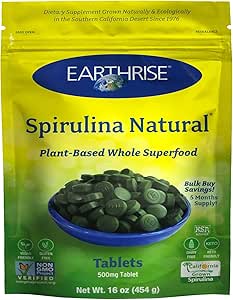 Earthrise Spirulina, Pure Californian Spirulina 500 mg, Vegan, Χωρίς γλουτένη, Keto Friendly, Μη ΓΤΟ Super Food high in Vitamins & Minerals., 1 LB Tablets (150 Serving)