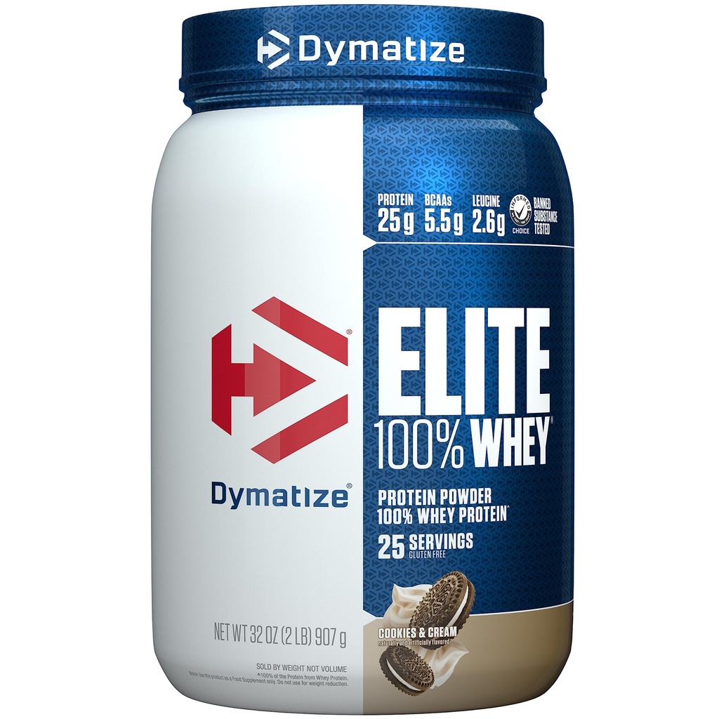 Dymatize Elite 100% Whey Protein Powder, Cookies & Cream, 25g Protein, 5.5g BCAAs, Λιγότερο από 140 Cal., Χωρίς γλουτένη, 3g Carb, 2g Sugar, 3g Fat (25 Services)