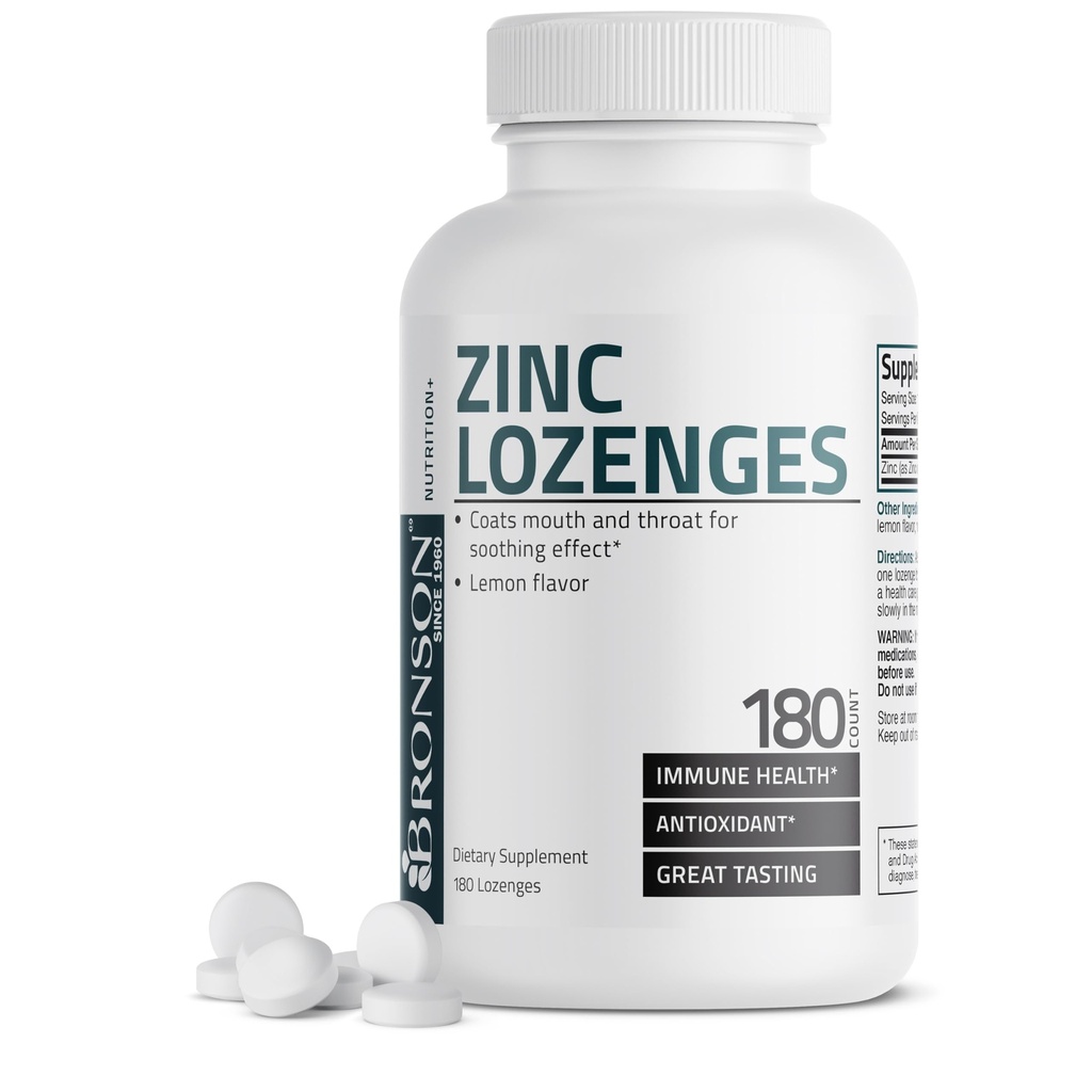 Bronson Zinc Lozenges Αντιοξειδωτικό & ανοσοποιητικό συμπλήρωμα υποστήριξης Λεμόνι Γεύση, 180 Μασώμενα δισκία