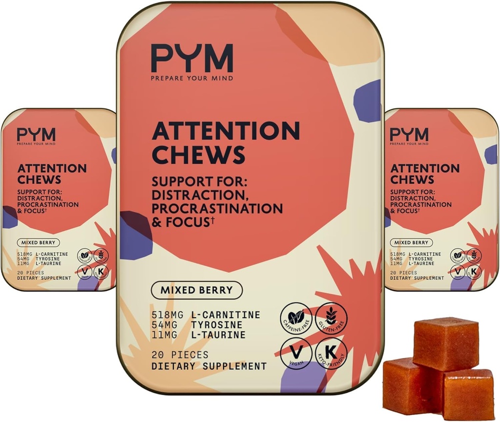 Προσοχή PYM Chews Υποστήριξη για Αναβλητική, Εστίαση & Παραγωγικότητα, 60 Count 