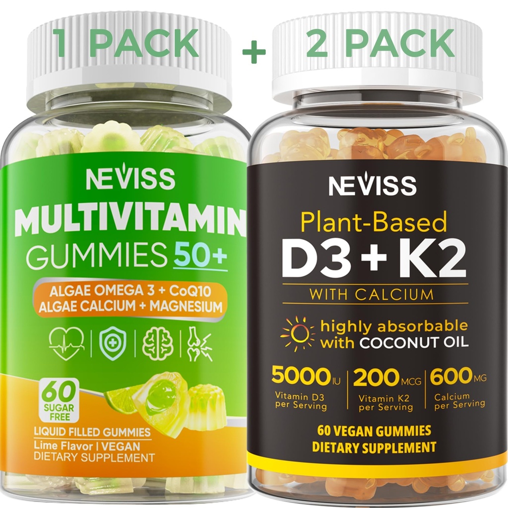 NEVISS 50+ Καθημερινή Gummy Multivitamin Algae Ωμέγα 3 & Ασβέστιο, CoQ10, Μαγνήσιο + Βιταμίνη D3 5000IU Gummies 125mcg με ασβέστιο 600mg, K2(MK7) 200mcg