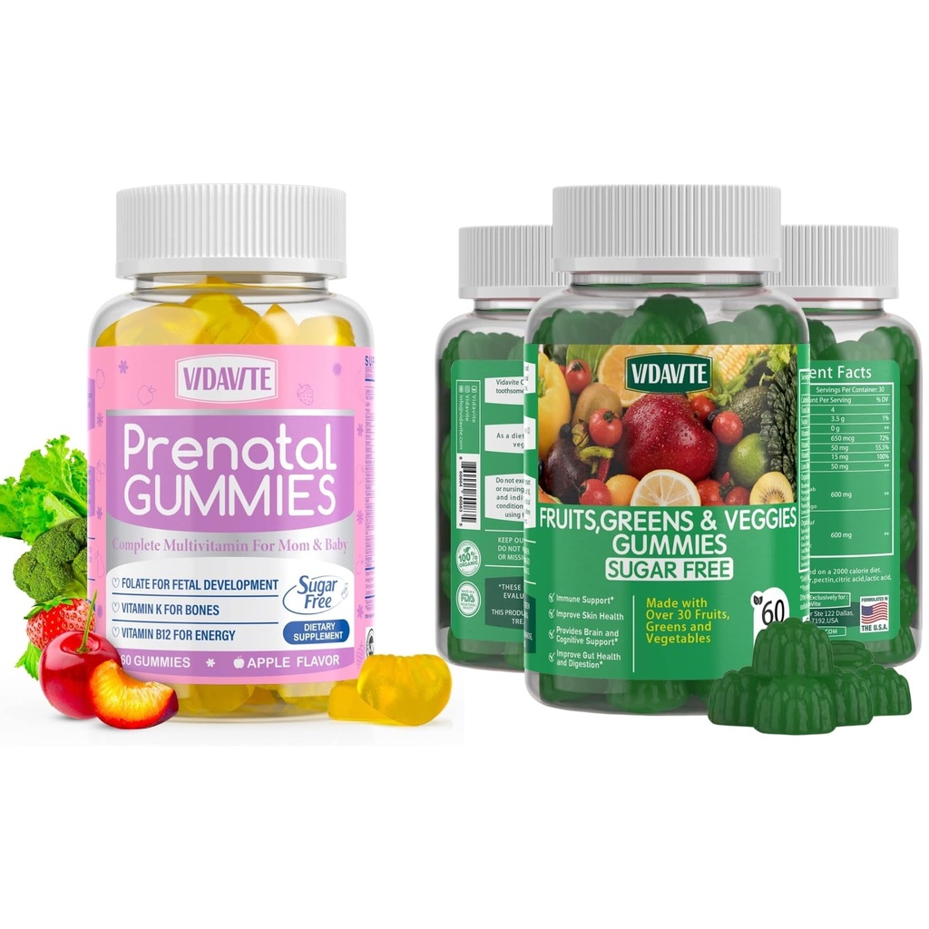 Τσάντα χωρίς ζάχαρη Προγεννητικά Gummies + Χωρίς ζάχαρη Φρούτα και λαχανικά Gummies