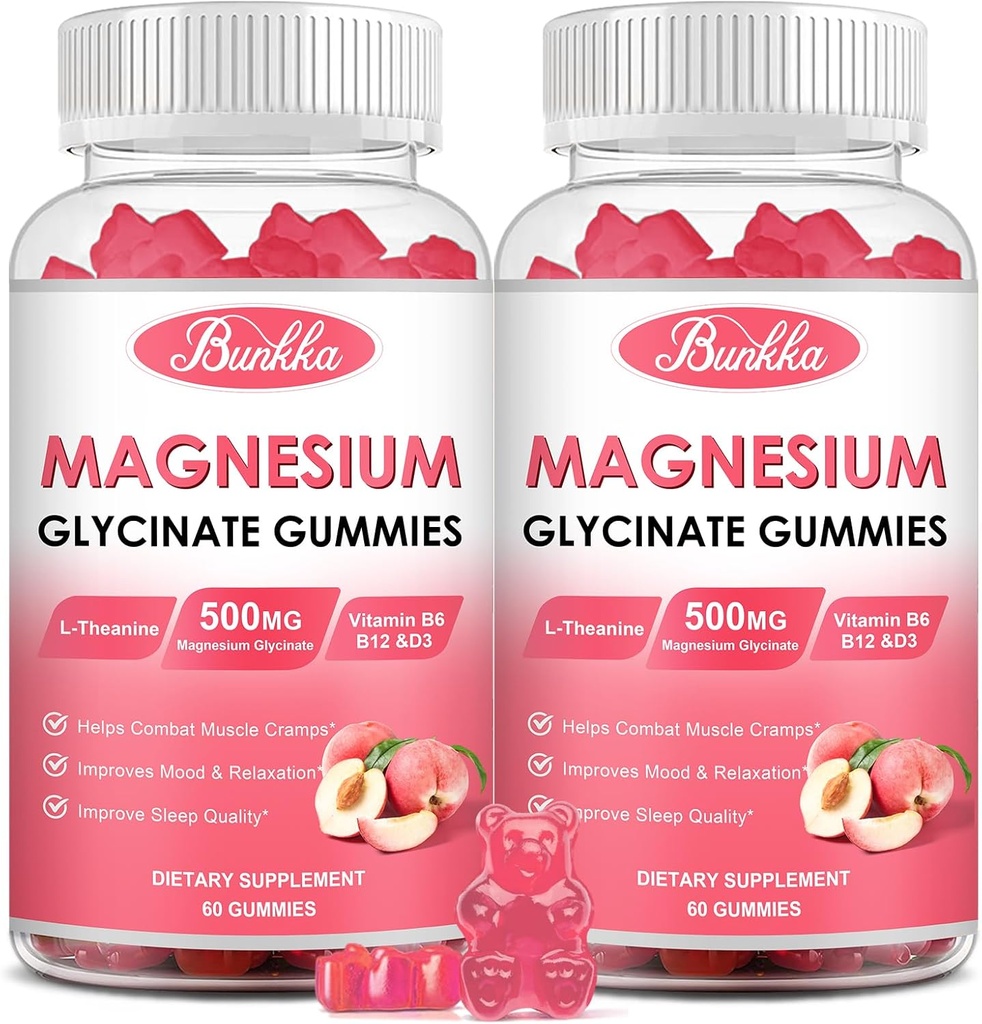 (2 συσκευασία) Γλυκινικό μαγνήσιο Gummys-Magnesium Glycinate 500mg, Συμπλέγματος μαγνησίου συμπλήρωμα με κάλιο, βιταμίνη, B6 για την ηρεμία, Sleep&Stress Relief-Sugar Free, 120 Peach Magnesium Gummies