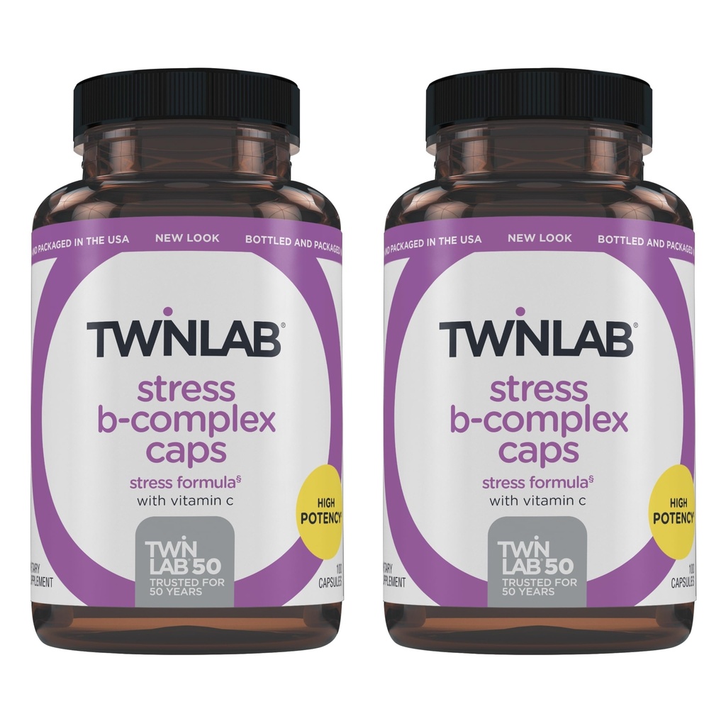 Twinlab Stress B-Complex Caps - Πλήρης B-Complex & 1000 mg Βιταμίνη C - Συμπλήρωμα Υποστήριξης Ενέργειας με Βιταμίνη B12 και B6-100 κάψουλες (πακέτο των 2)