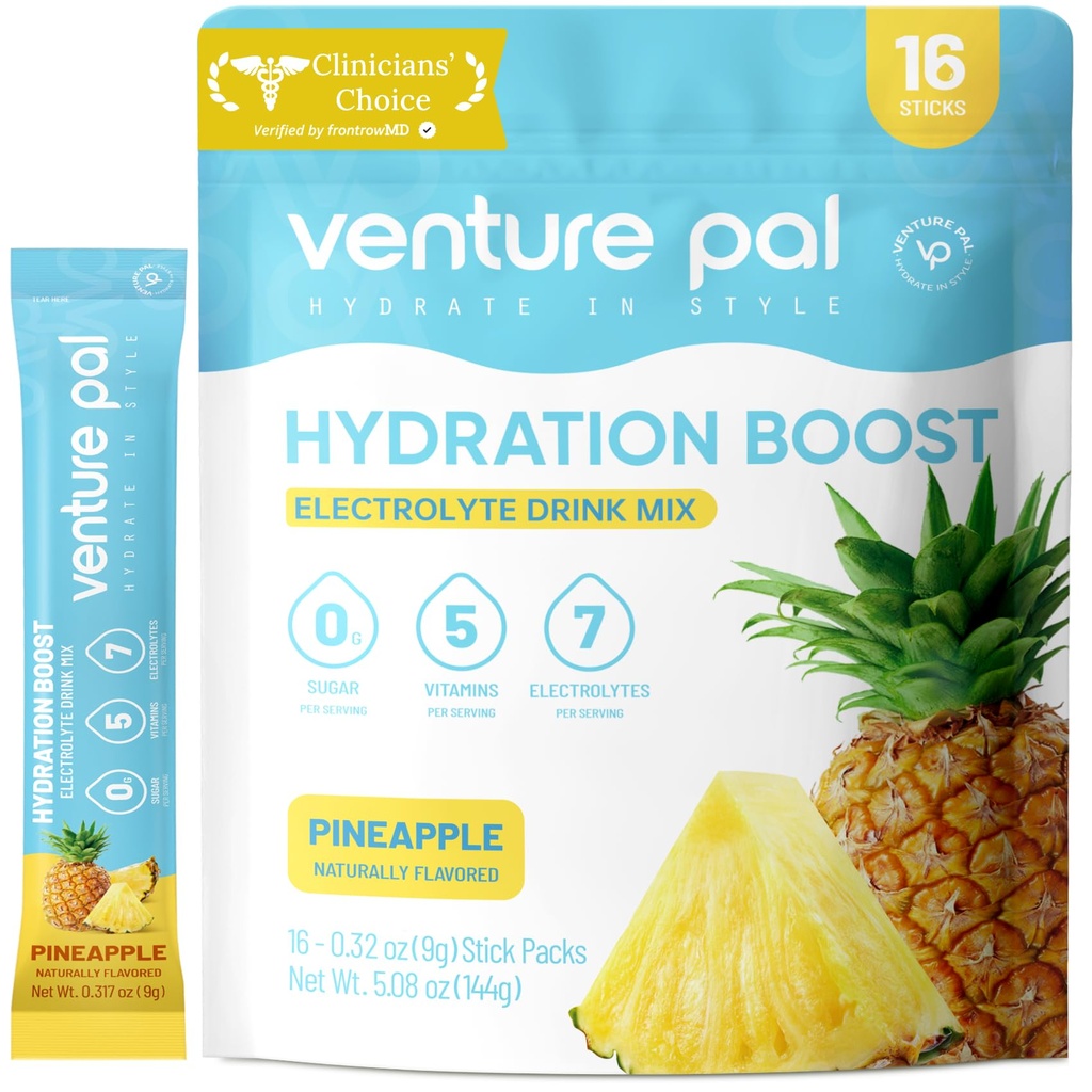 Venture Pal Sugar Free Electrolyte Powder Packets - Liquid Daily IV Drink Mix for Rapid Hydration & Party Recovery | 5 Vitamins & 7 Electrolytes| Keto Friendly | Non-GMO | Certified Vegan | 16 Sticks