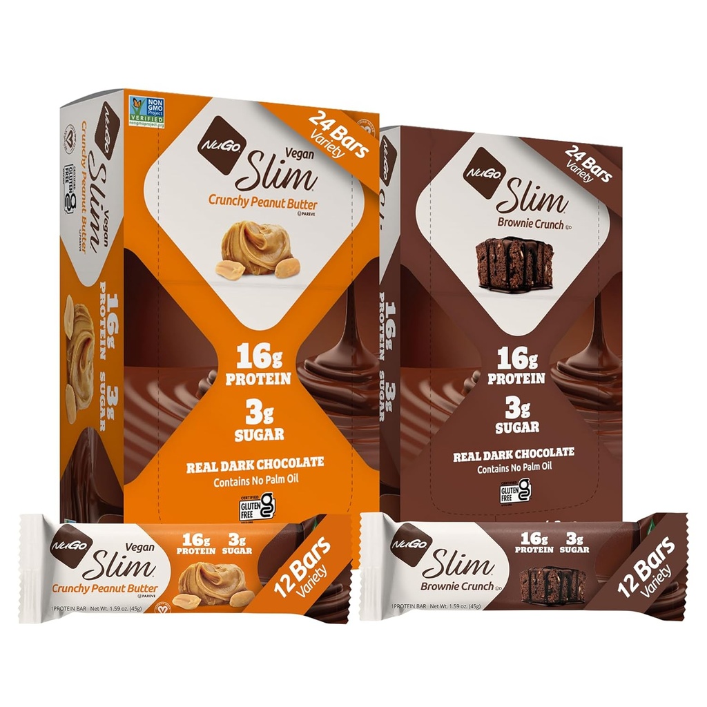 NuGo Slim 24ct Ποικιλία - Κρασί Φυστικοβούτυρο 12 bars & Brownie Crunch 12 bars, 16g Πρωτεΐνη, Κετό Φιλικό, Χωρίς γλουτένη, 24 μέτρα