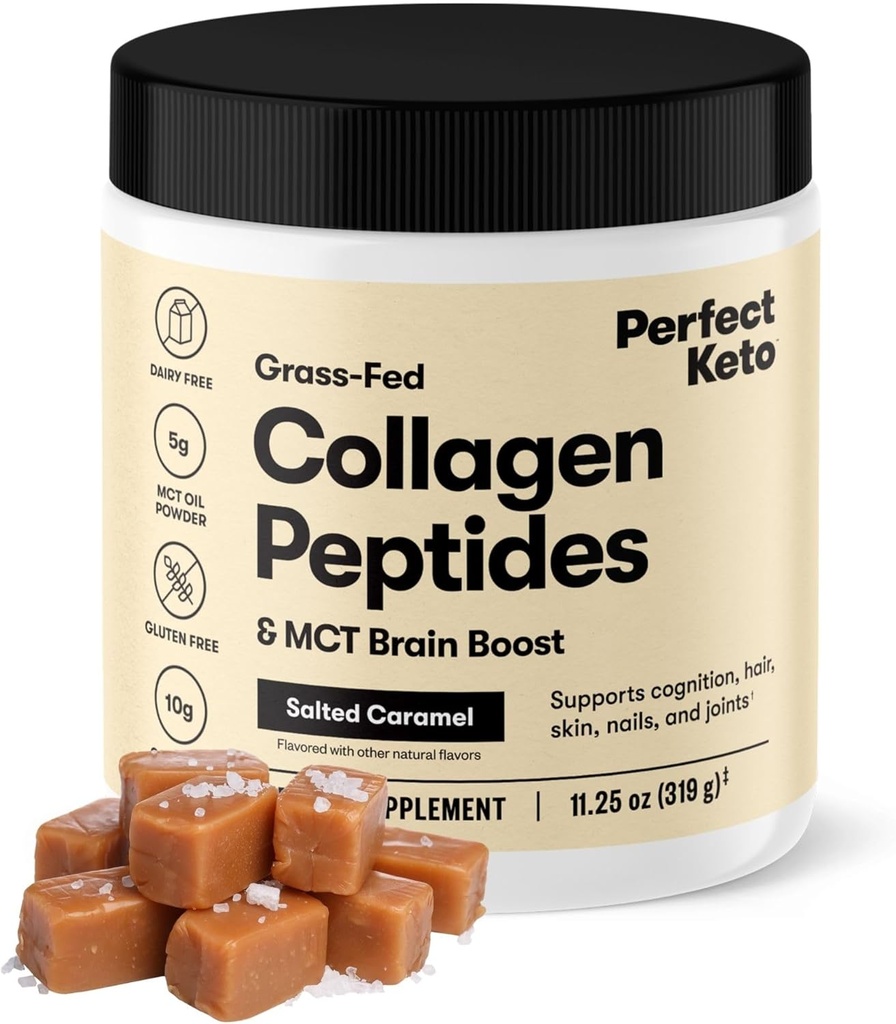 Perfect Keto Collagen Peptides Protein Peptides Σκόνη με MCT Oil, Hydrolyzed Collagen, Type I & III Συμπλήρωμα, Gluten Free Grass Fed, Low Carb, Keto Coffee Creamer, Collagen για γυναίκες & άνδρες, Αλατισμένο Caramel