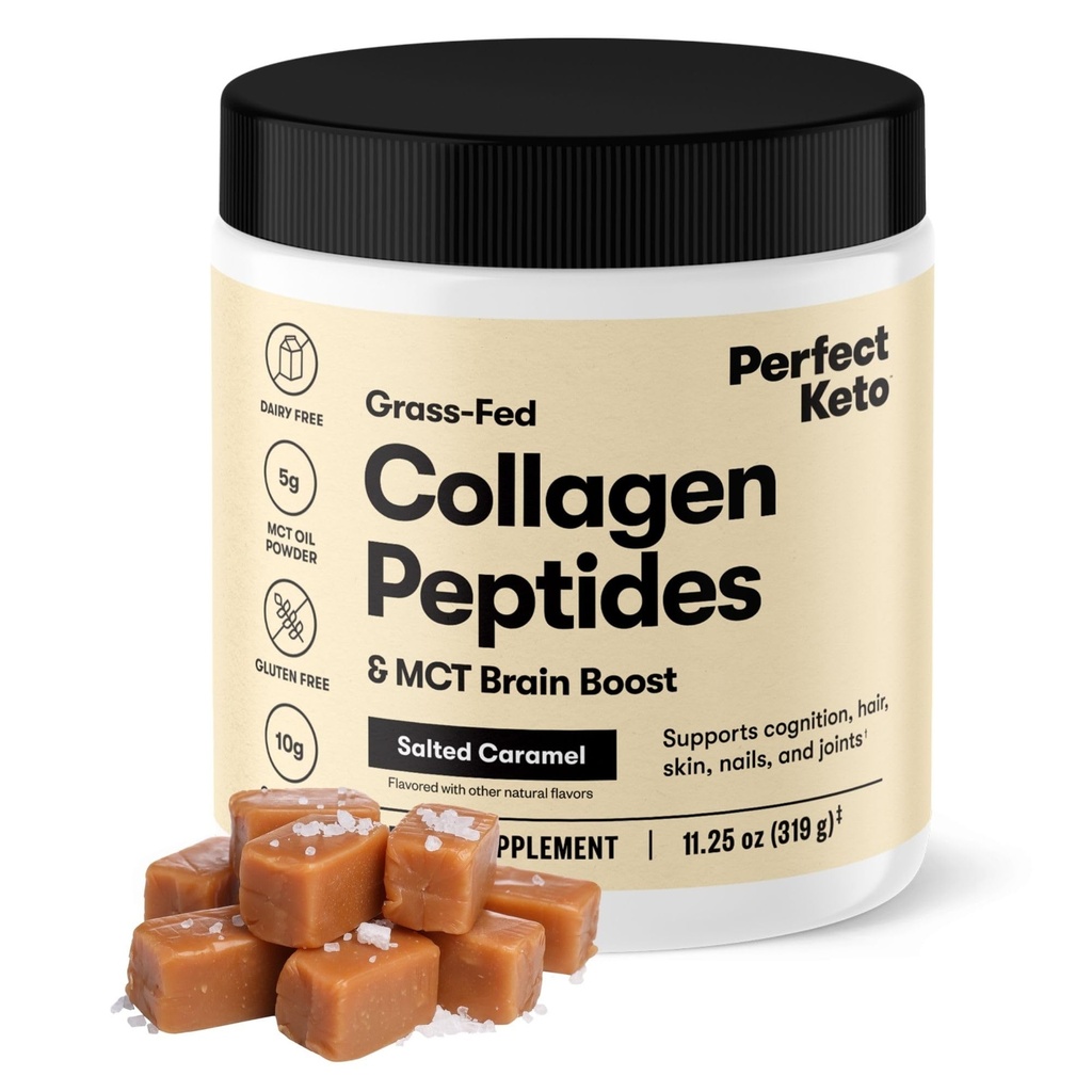 Perfect Keto Collagen Peptides Protein Peptides Σκόνη με MCT Oil, Hydrolyzed Collagen, Type I & III Συμπλήρωμα, Gluten Free Grass Fed, Low Carb, Keto Coffee Creamer, Collagen για γυναίκες & άνδρες, Αλατισμένο Caramel