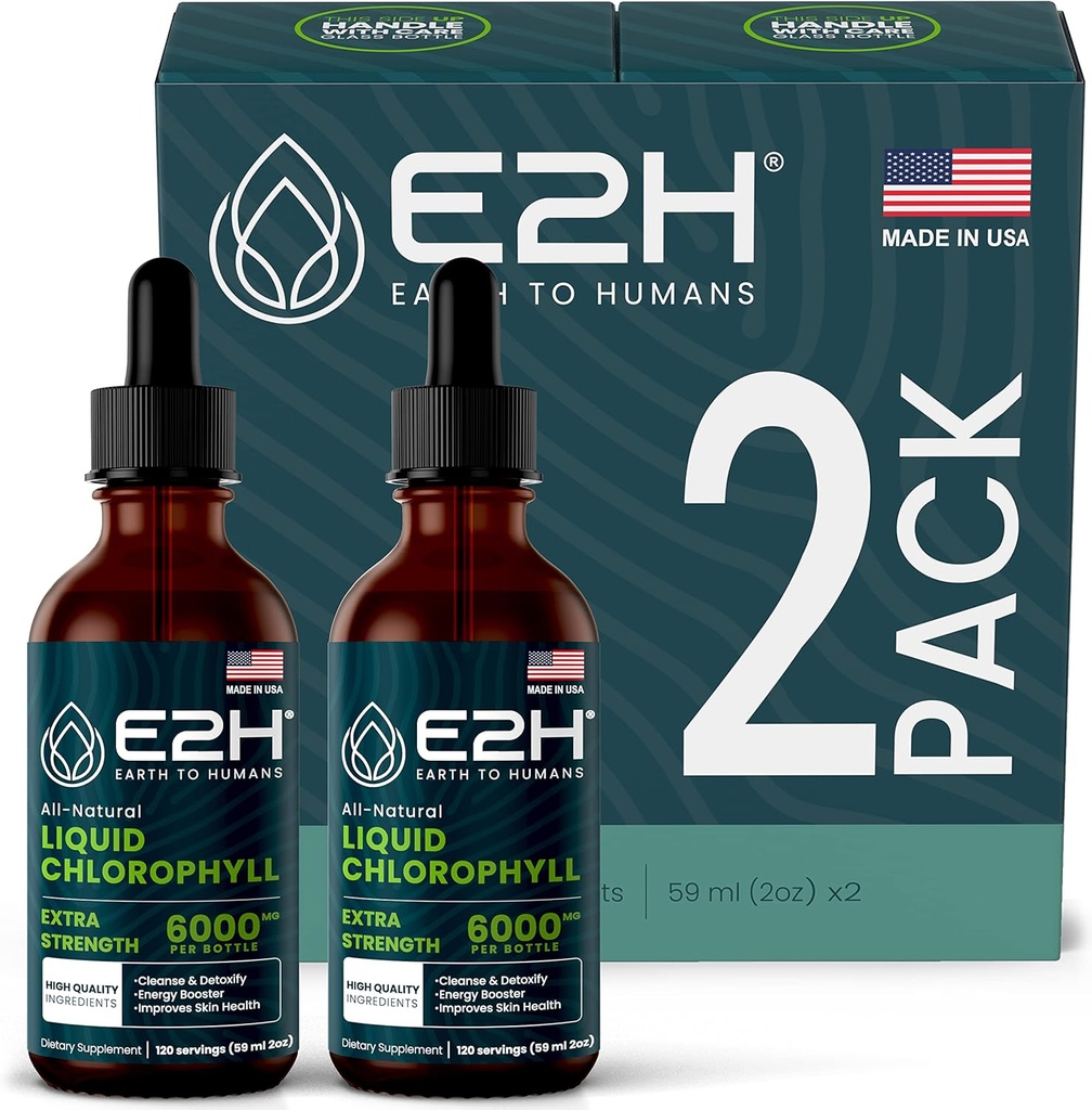 E2H Chlorophyl Liquid Drops - Ενεργειακός ενισχυτής, Digestion, Υποστήριξη ανοσοποιητικού συστήματος και εσωτερικό αποσμητικό - Vegan - Χωρίς γλουτένη - Μη ΓΤΟ - (2 φιάλες)