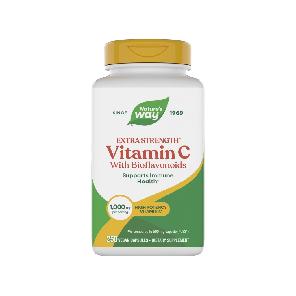 Nature's Way Extra Strength Vitamin C with Bioflavonoids, Προωθεί την παραγωγή κολλαγόνου για το υγιές δέρμα*, 1g Βιταμίνη C ως Ασκορβικό οξύ ανά κάψουλα, 250 Vegan Caps (Packaging May Vary)