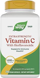 Nature's Way Extra Strength Vitamin C with Bioflavonoids, Προωθεί την παραγωγή κολλαγόνου για το υγιές δέρμα*, 1g Βιταμίνη C ως Ασκορβικό οξύ ανά κάψουλα, 250 Vegan Caps (Packaging May Vary)