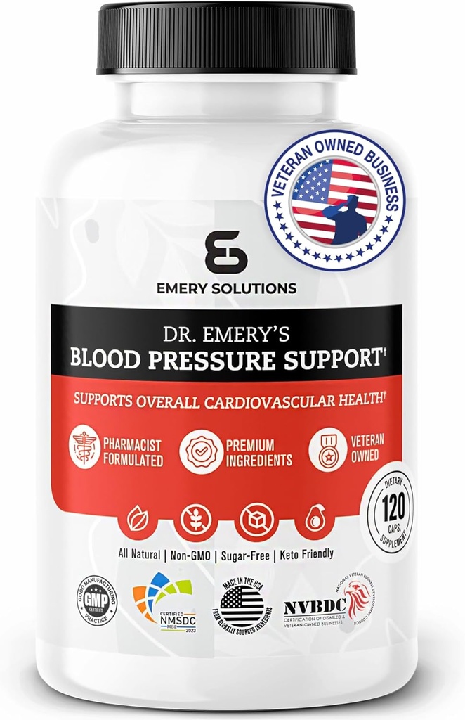 Dr Emery's Blood Pressure Support Supplement with Magnesium, Zinc, Vitamin D3, & Κάλιο, Vegan-έγκριση, Χωρίς ζάχαρη, Formulated by Clinical Pharmacist, 120 Κάψουλες, 30 ημέρες προσφοράς