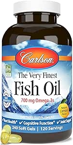 Carlson - The Very Finest Fish Oil, 700 mg Omega-3s, Norwegian Fish Oil Supplement, Wild Caught Omega-3 Fish Oil, Sustainablely Soured Fish Oil Capsules, Omega 3 Supplement, Lemon, 240 Softgels