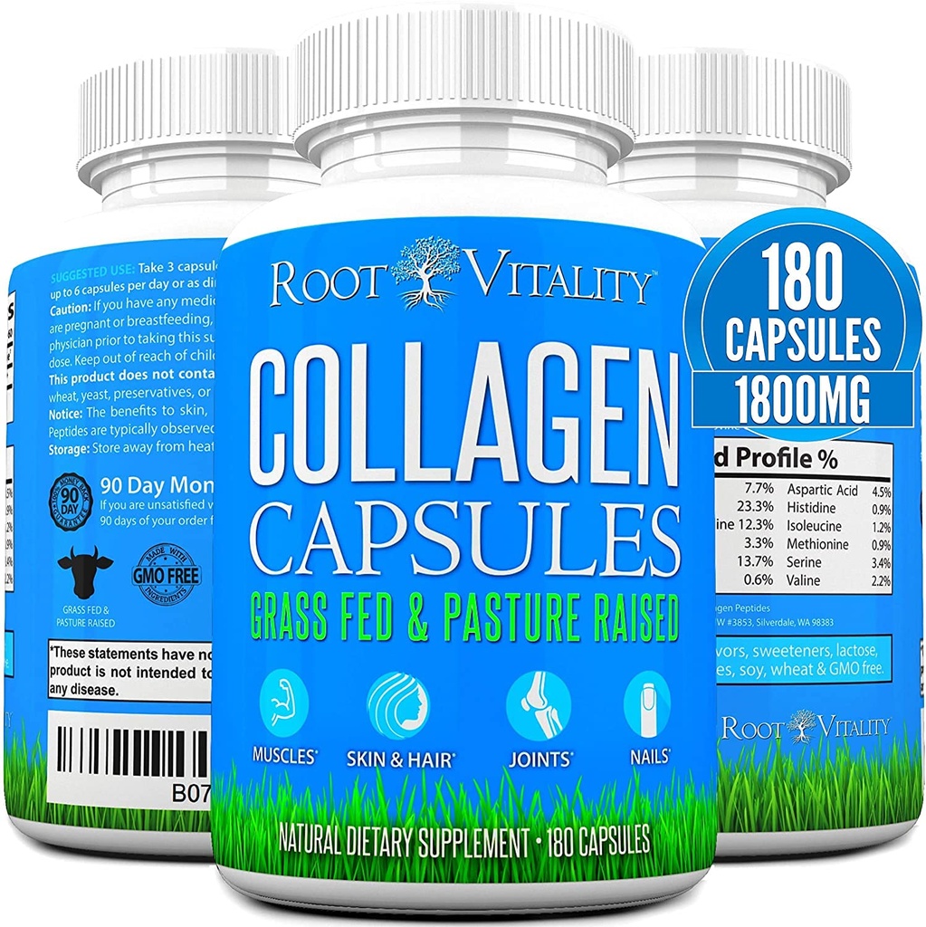 Root Vitality Collagen Peptides Κάψουλες - Grass-Fed, Pasture-Raised Hydrolyzed Protein Supplement for Skin, Hair, & Nails - Μη-GMO, Zero Sugar Daily Pills for Men & Women (180 Κάψουλες)