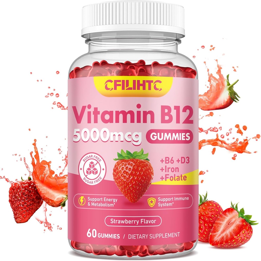 Βιταμίνη B12 Gummies για γυναίκες & άνδρες, 5000mcg Μεθύλιο B12 Gummies με βιταμίνη B6, D3, Σιδήρου, Folate για ενήλικες, υποστηρίζει την ενέργεια και τον μεταβολισμό Boost, Mood, ανοσοποιητικό & νευρικό σύστημα, ζάχαρη δωρεάν Φράουλα