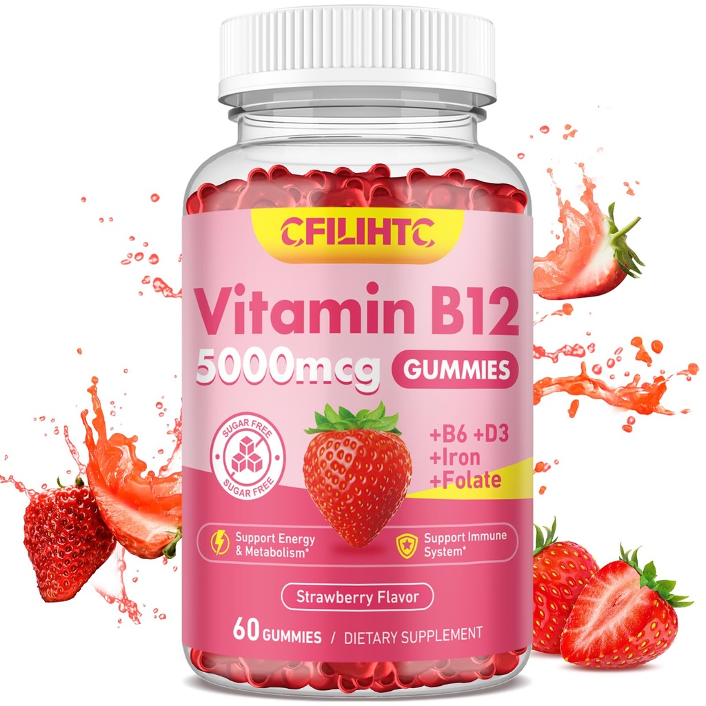 Vitamin B12 Gummies for Women & Men, 5000mcg Methyl B12 Gummies with Vitamin B6, D3, Iron, Folate for Adults, Supports Energy & Metabolism Boost, Mood, Immune & Nervous System, Sugar Free Strawberry