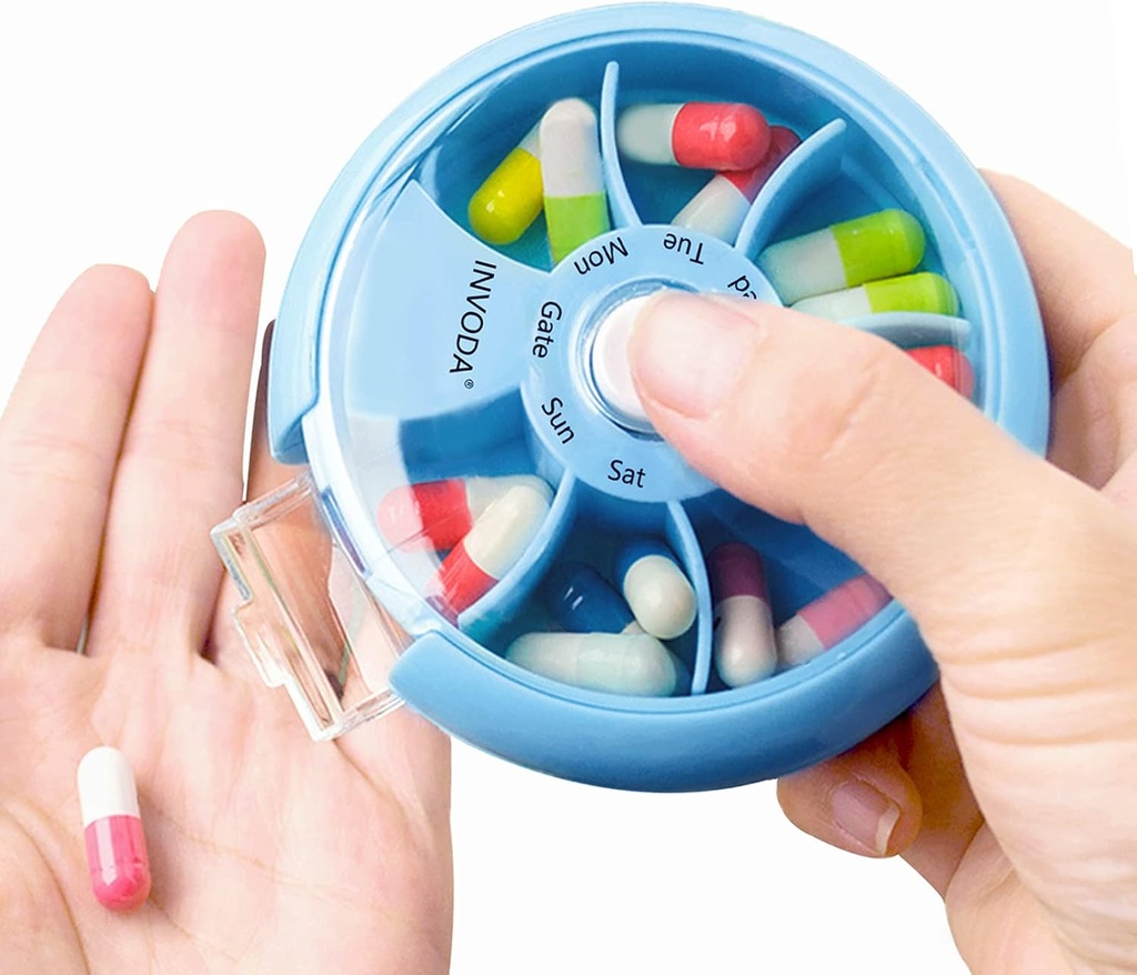INVODA Weekly Pill Organizer 7 Διαμέρισμα Περιστρεφόμενο Χάπια Κουτί για Καθημερινή Φάρμακα & Βιταμίνες - Portable Travel Pill Υπόθεση Fish Oil Συμπληρώματα Βιταμίνες Organizer (Sky Blue)