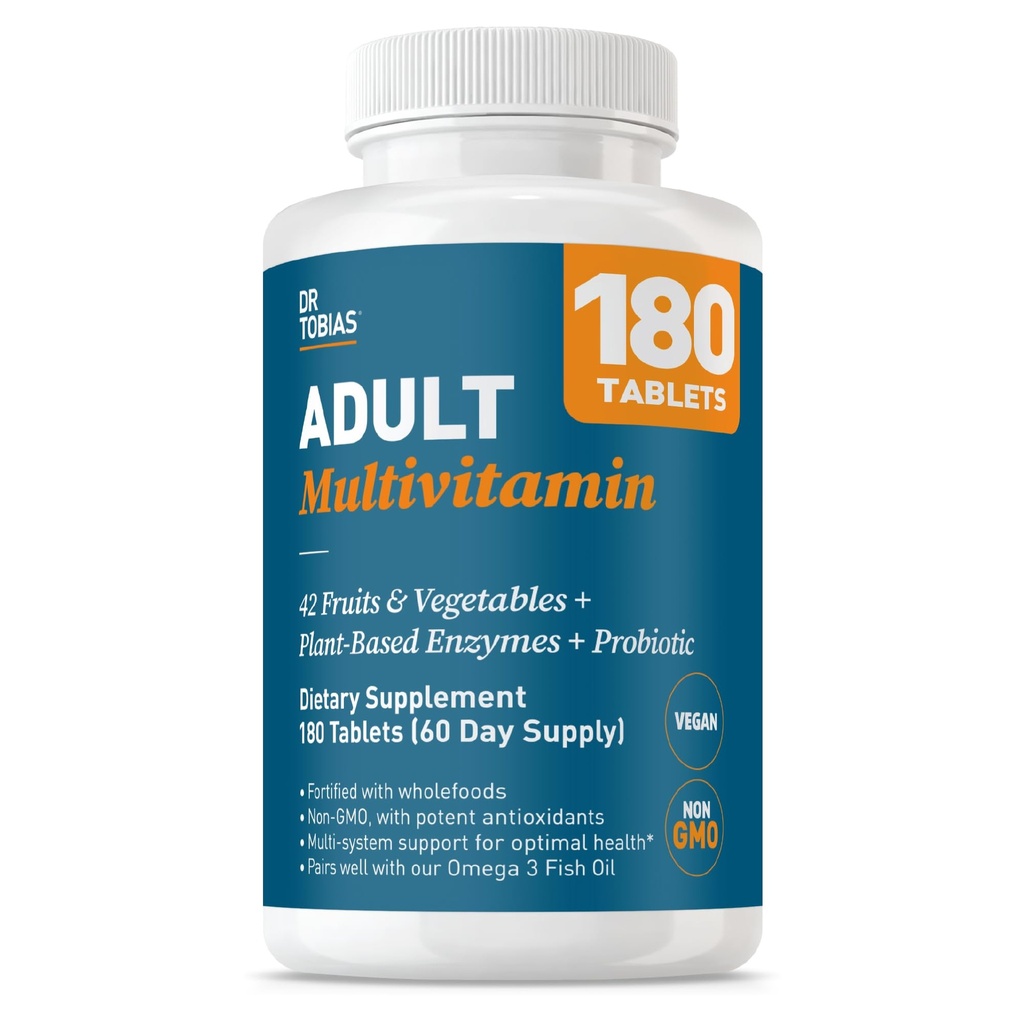 Dr. Tobias Adult Multivitamin for Women & Men, Immune Supporting Vitamins from 42 Fruits, Vegetables, Plus Probiotics, Vegan Multivitamins for Men & Women, Non-GMO, 180 Tablets, 60 Servings