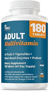 Dr. Tobias Adult Multivitamin for Women & Men, Immune Supporting Vitamins from 42 Fruits, Vegetables, Plus Probiotics, Vegan Multivitamins for Men & Women, Non-GMO, 180 Tablets, 60 Servings