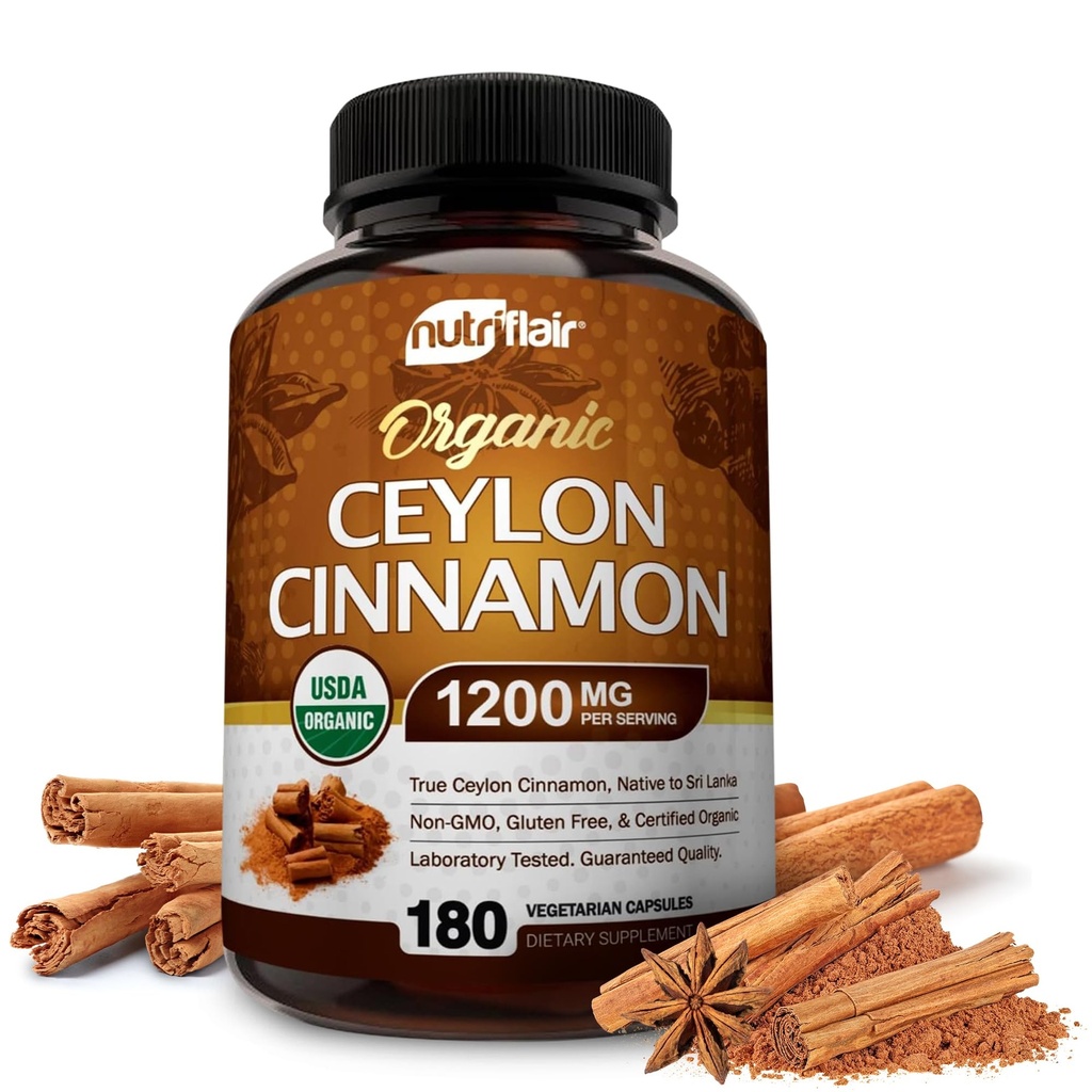 NutriFlair Βιολογική Κεϋλάνη Κανέλα (100% Πιστοποιημένη Βιολογική Κεϋλάνη) 1200mg ανά Σερβίρισμα, 180 κάψουλες - αρθρώσεις, Φλεγμονώδες, Αντιοξειδωτικό